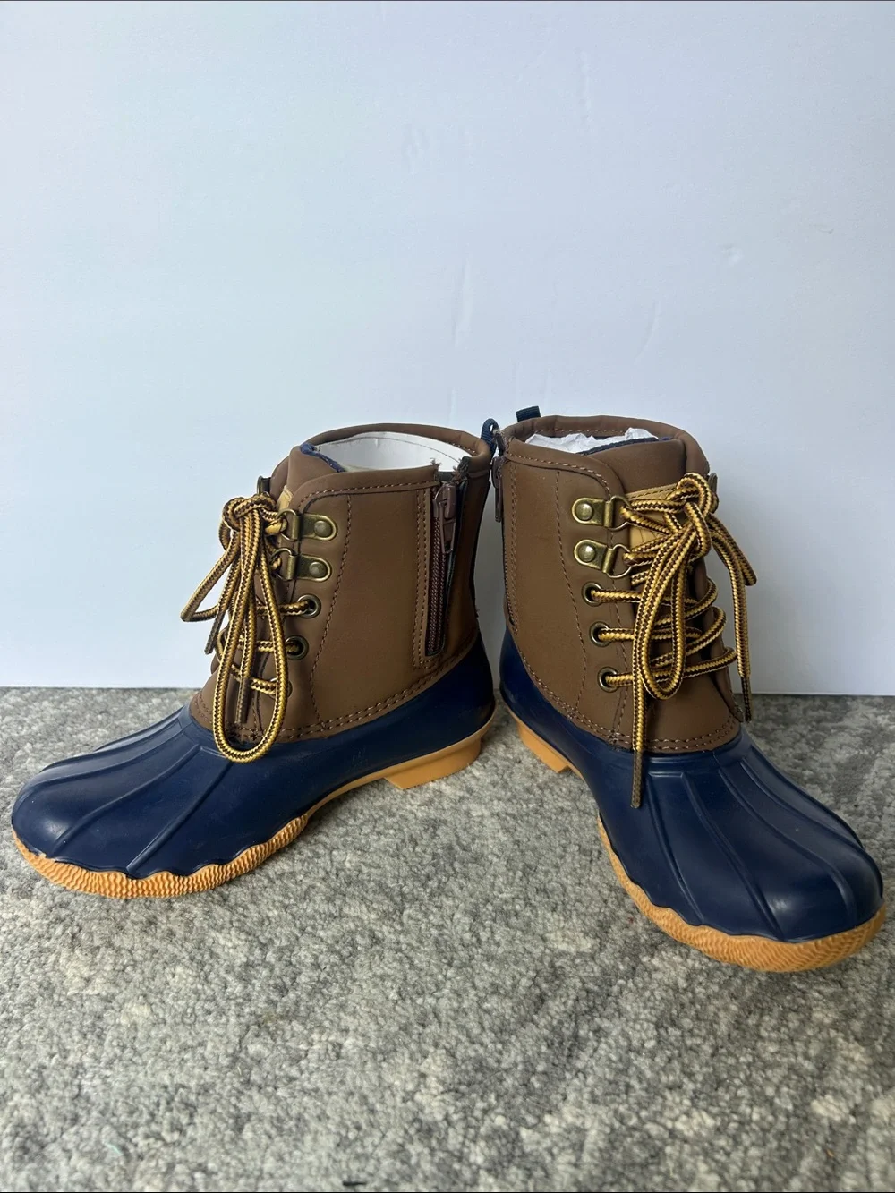 New, 13 Little Boys Crown & Ivy Duck Boot, Brown and Navy, Waterproof